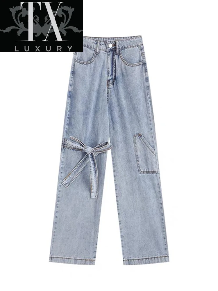 

Trousers Women 2022 Spring Korean High Waist Lace Up Bow Wide Leg Pant Fashion Harajuku Loose All-Match Denim Pants Mujer
