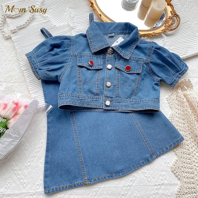 

Fashion Baby Girl Denim Clothes Set Cotton Strap Dress Jacket Short Sleeve Kids Jean Clothing Suit Summer Baby Clothes 1-12Y