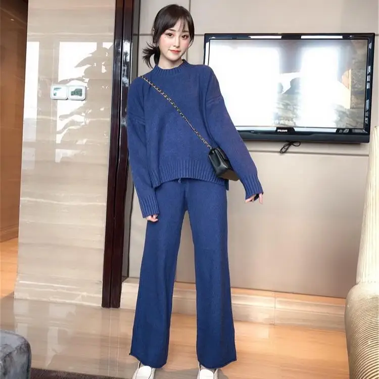 

2022 Women's Retro Chic Thickened Simple Pullover Sweater Suit For Ladies Autumn Side Split Knit Wide Leg Pants Two Piece Set