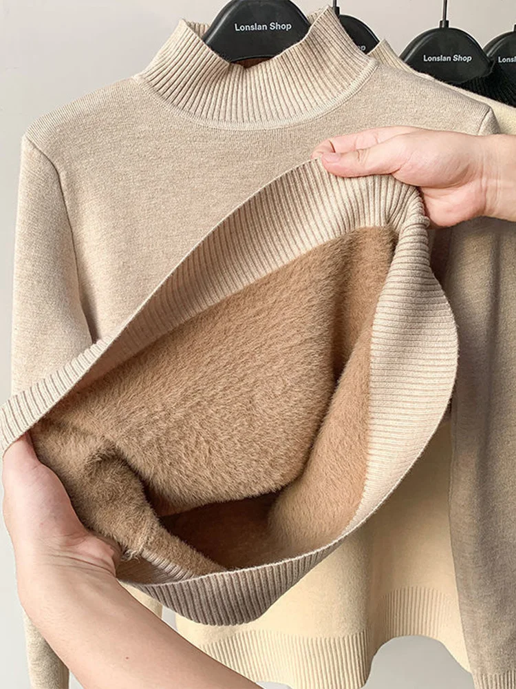 

Half Turtleneck Knitted Sweater Women Fleece Lined Warm Knitwear Base Shirt Winter Fashion Slim Knit Pullovers Casual suéteres