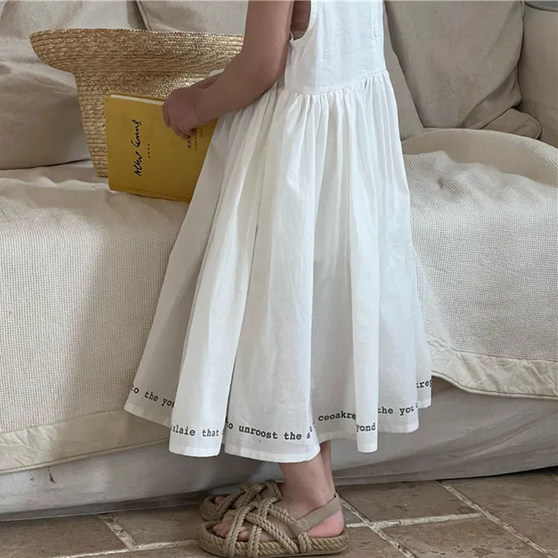 

deer jonmi Korean Style 2023 Summer Baby Girls Letter Printed Dress Sleeveless Cotton Vest Ball Gown Children Casual Dresses
