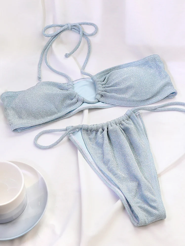 

Однотонные бикини, Блестящие купальники, женский купальный костюм с лямкой на шее, сексуальный купальник-стринги, 2023, бикини, бандажный комплект бикини, женская пляжная одежда