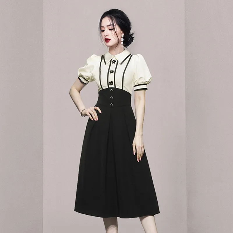 

2022 Summer Women's Clothing Temperament Retro Contrast Color Turn Down Collar Lantern Sleeve Dress