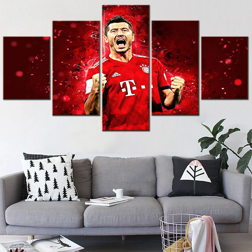 

5 Pieces Modular Pictures Famous Foottball Superstar Lewandowski Canvas Painting Poster Print Wall Art Pictures for Living Room
