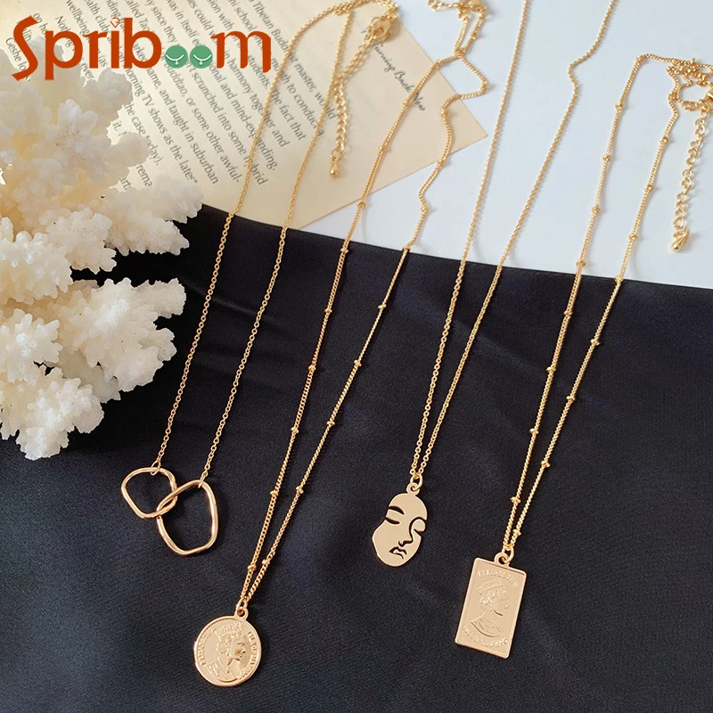 

Women Coin Necklaces Round Square Portrait Necklace Gold Color Clavicle Chain Temperament Geometric Jewelry Party Accessories