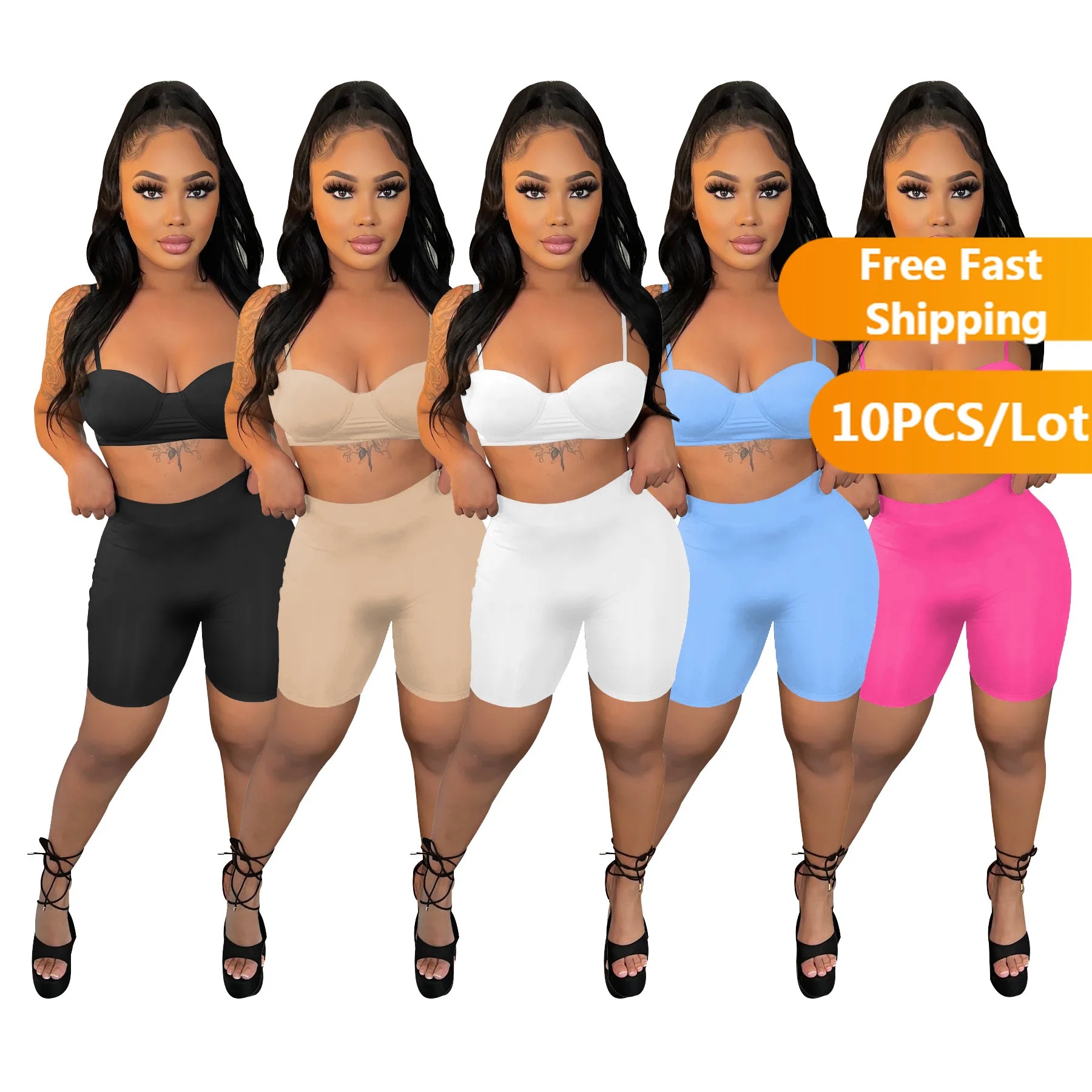 

Bulk Items Wholesale Lots Sexy Sport Two Piece Shorts Set Women Spaghetti Strap Crop Tops Biker Shorts Summer Biker Shorts Women