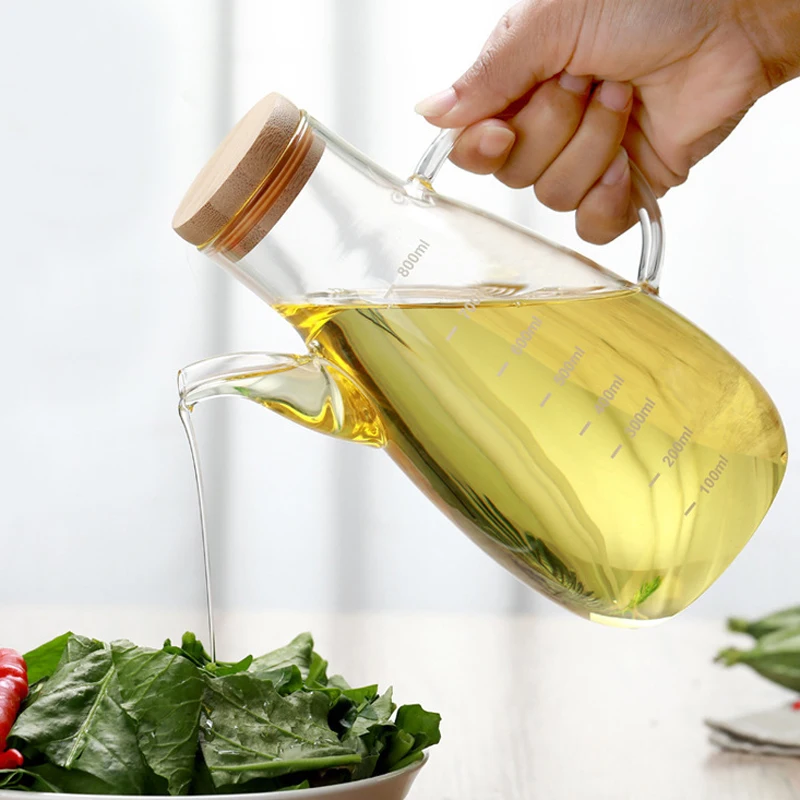 

500/800ml Glass Oil Bottle Olive Oil Vinegar Cruet Soy Sauce Dispenser Leakproof Transparent with lid Handle Container Seasoning