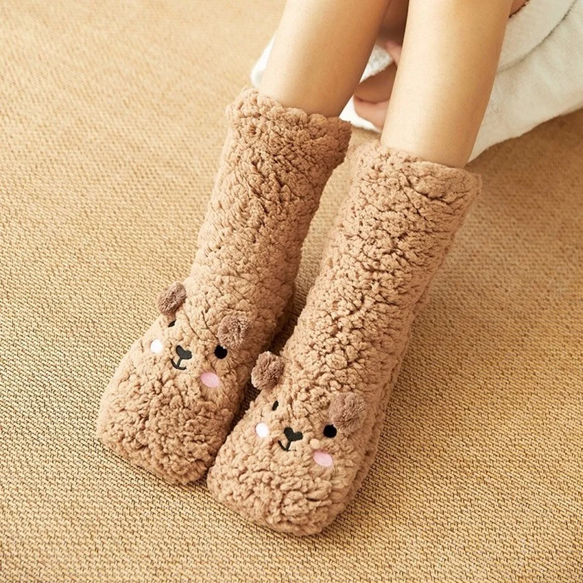 Fuzzy Socks Women Winter Warm Plush Soft Female Fluffy Silicone Anti Slip Non Kawaii Funny cute Bear Slippers Short Sock Casual