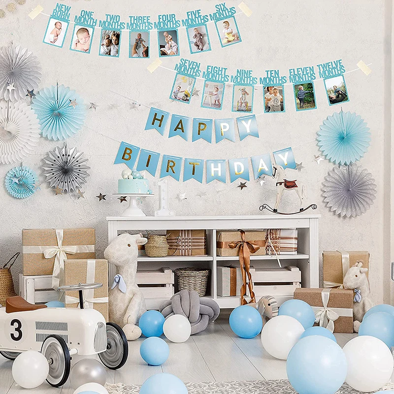 

Happy Birthday Photo Frame Banner for Family First Party Decoration Kids Baby Boy Girl My 1st One Year 12 Month Newborn Garland