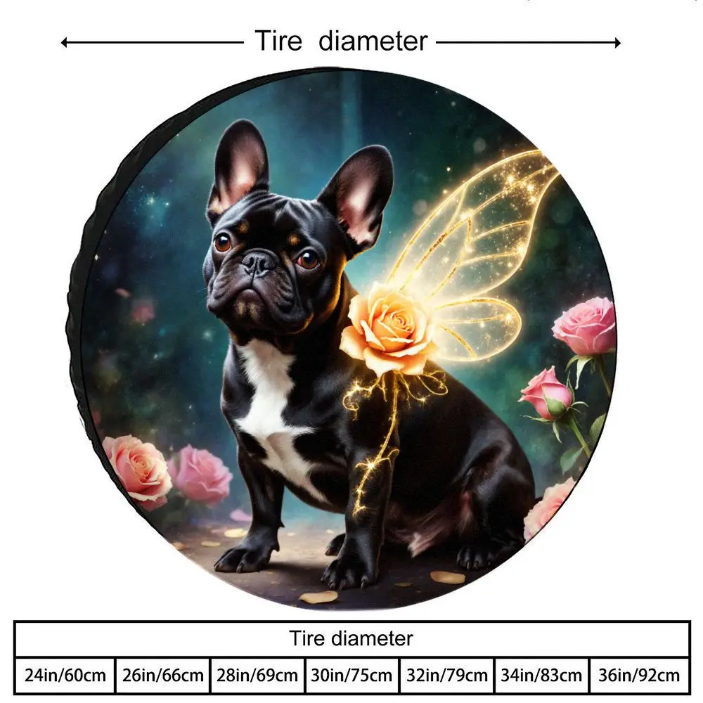 Фото Чехол для запасного колеса Fairy French Bulldog с светящимися крыльями и принтом роз, полиэстер, защита для автомобиля на открытом воздухе №3