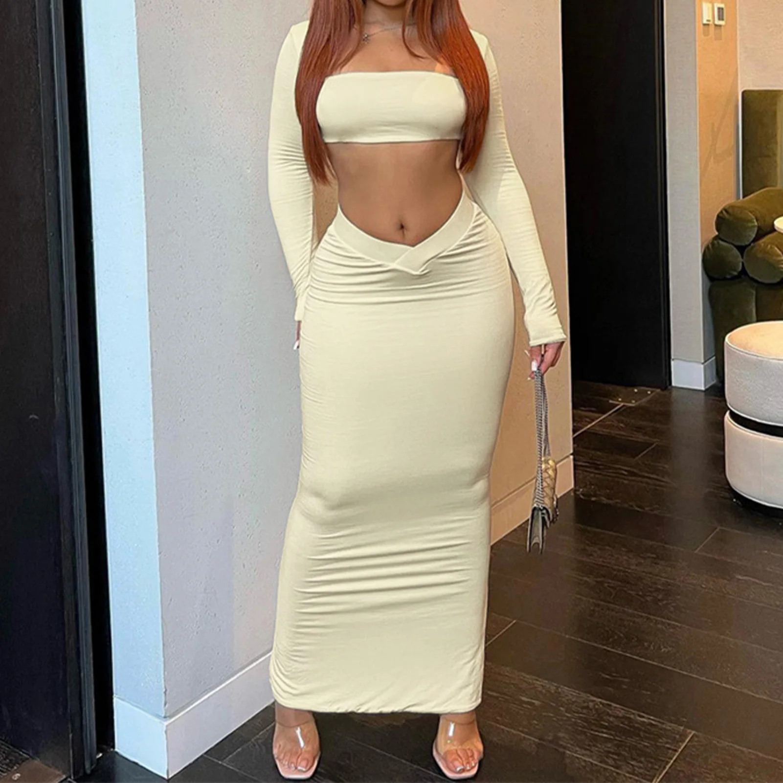 

Women Long Sleeve Top Maxi Skirt Square Neck Ladies Crop Top Long Skirt Solid Color Navel Exposed Slim Fit Vacation Outfit