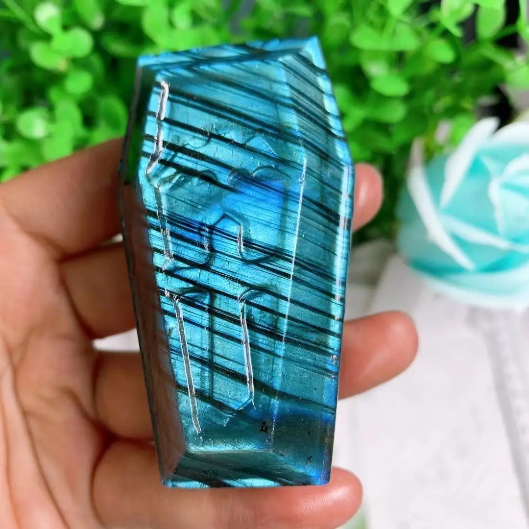 

1pc Natural Crystal Raw Gemstone Ornament Polished Quartz Labradorite Coffin Shapesculpture Handicraft Decorating Stone Healing
