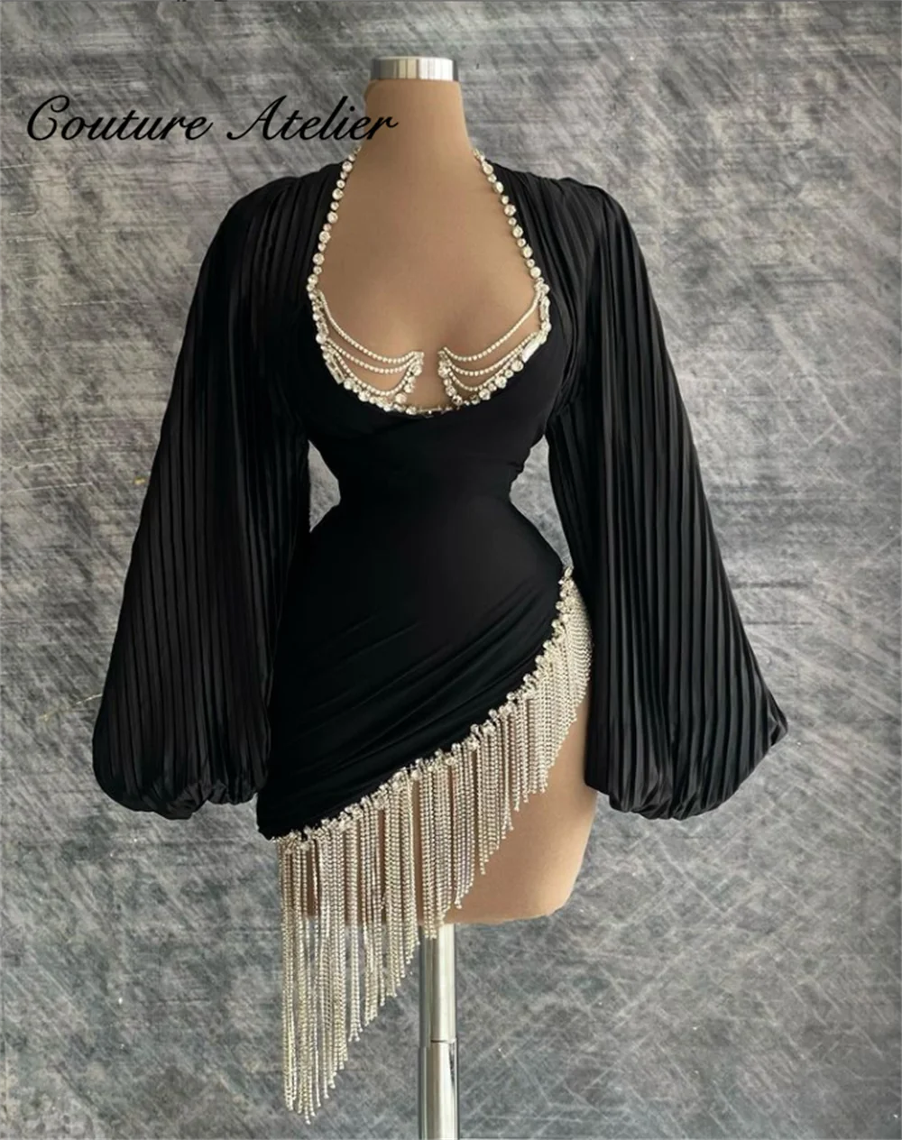 

Black Prom Dresses Puff Long Sleeve Mermaid Birthday Dress Tea Party Gowns With Tassels Elegant Gown Sexy Beaded vestidos de coc
