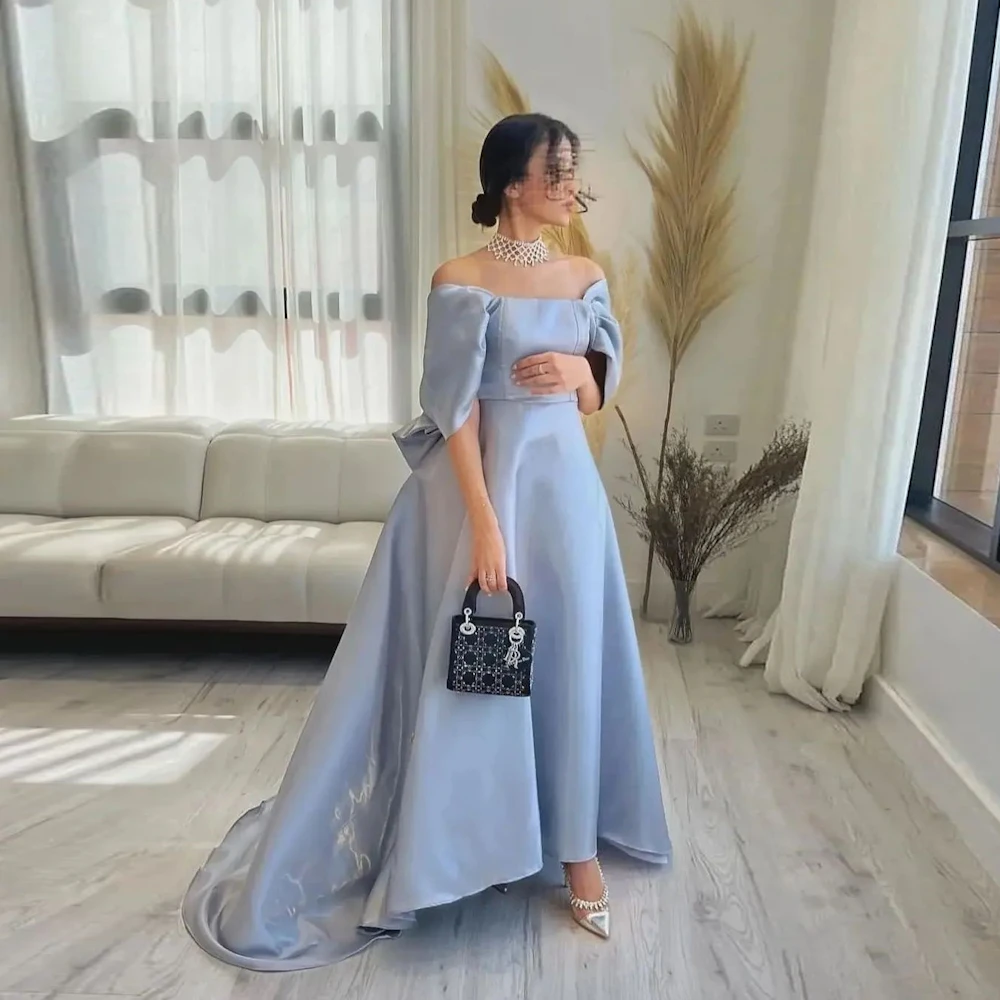 

ROSELLA Off The Shoulder Short Sleeves Asymmetrical Sweep Train Bow Women Evening Dress Sexy Zipper Up Prom Gown New 2023