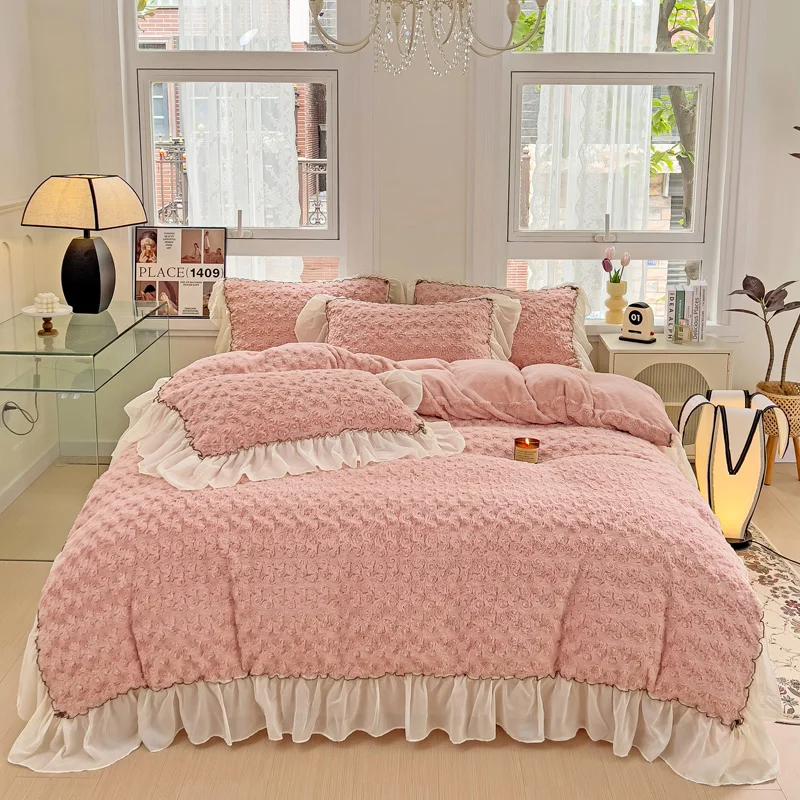 

Luxury Faux Fur Twisted Flower Stereoscopic Rose Velvet Fleece Bedding Set Imitation Rabbit Duvet Cover Bed Sheet Pillowcases