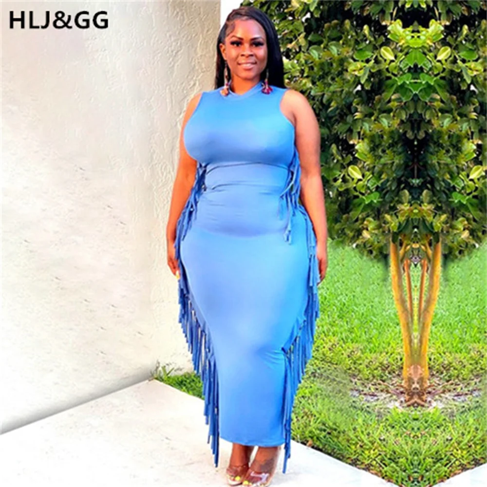 HLJ&GG Summer Tassel Design Plus Size XL-5XL Women O-Neck Sellveless Long Dress Vestidos Streetwear Package Hip Dresses Vestidos