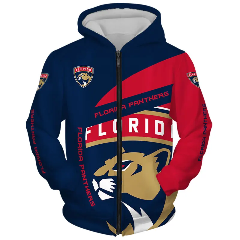 

Florida Men's Fashion Long Sleeve 3d Panthers Zip Hoodies White Letter Brown Cartoon Lion Print Sweatshirt