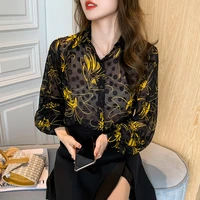 elegant floral jacquard long sleeved women shirt french style lantern sleeve thin summer print chiffon shirt ladies tops blusas