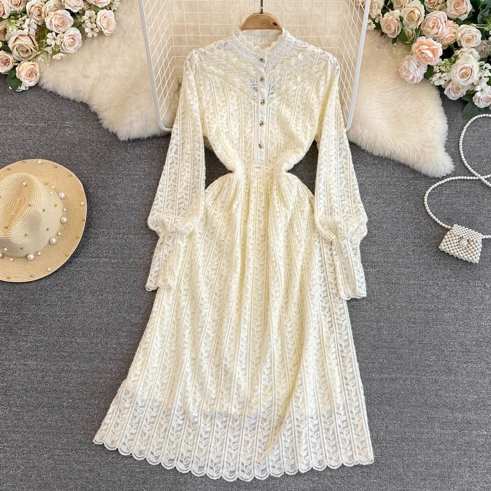 

French First Love Long Skirt Fashion Gentle Ethos Quality Long Sleeve Collar Waist Waist Show Thin Place Lace Dress
