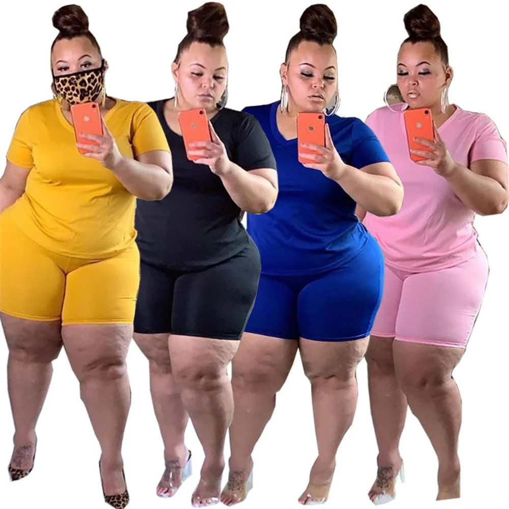 Plus Size Women's Clothing Summer Solid Casual Super Stretch Two Piece Sports Suit New Style Wholesale 3xl 4xl 5xl 6xl