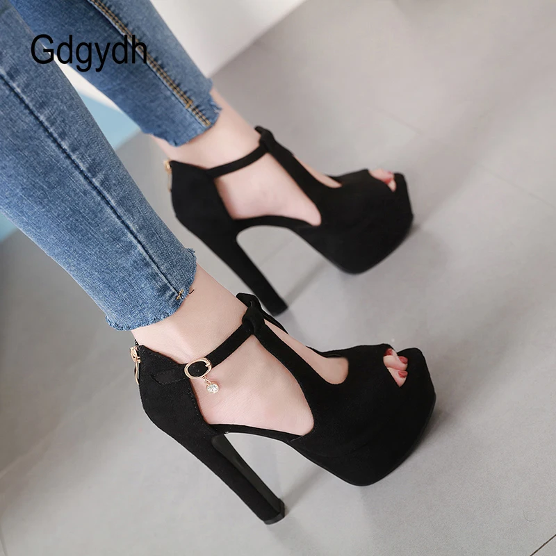 

Gdgydh Ankle Strap Platform Heeled Sandals Party Shoes for Women Peep Toe Flock Sexy European and America Footwear High Heels