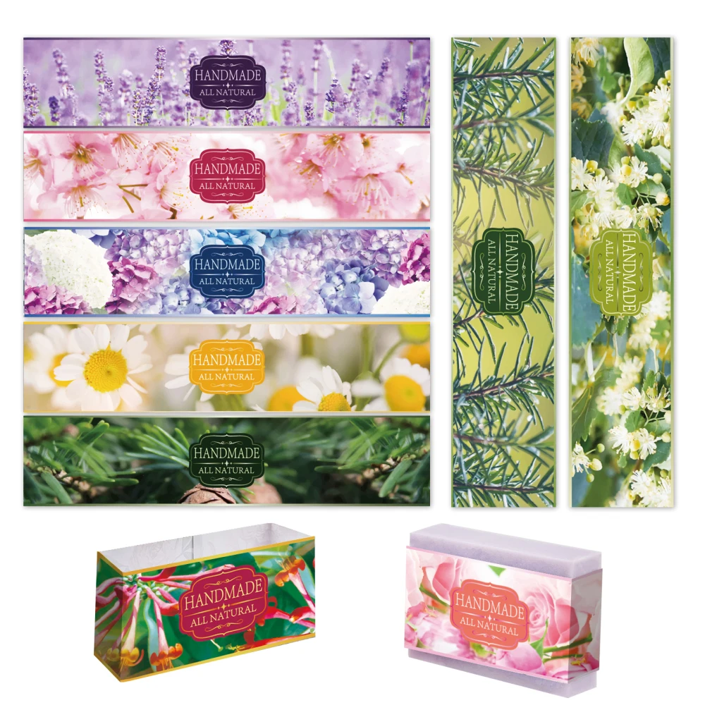 

Pack of 90 Handmade Packaging Label Tape, 9 Styles Lavender Blossom Daisy Honeysuckle Hydrangea Flower Soap Paper Wrapper Label