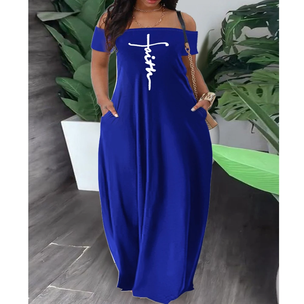 

Wepbel Off-Shoulder Printed Casual Dress Women Sumemr Short Sleeve Faith Print Maxi Dress Slash Collar Full Length Long Dress