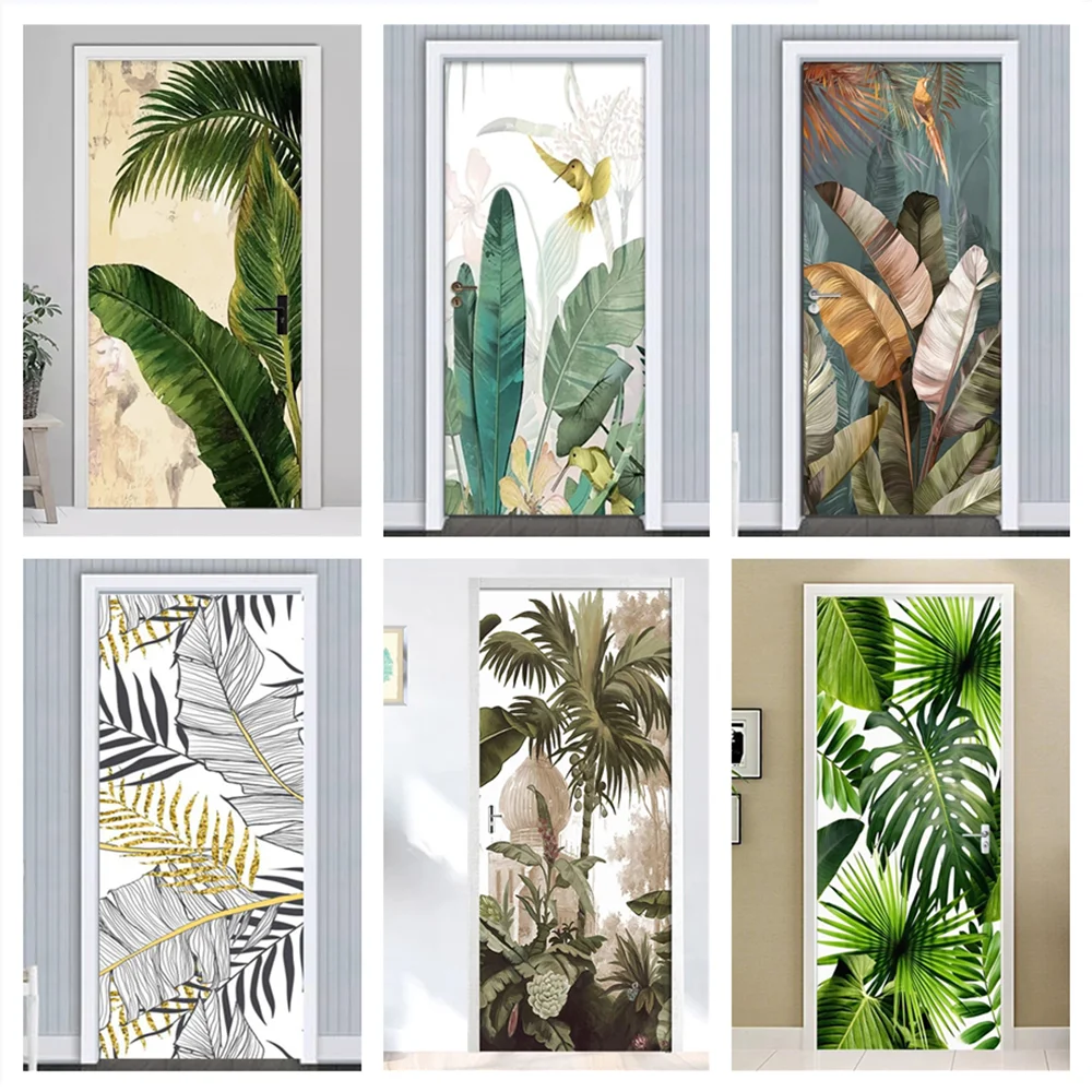 

3d Door Sticker Green Palm Plant Wallpaper Self-adhesive Entrance Home Bedroom Decorative Vinyls Abstract Lines Scenery Poster