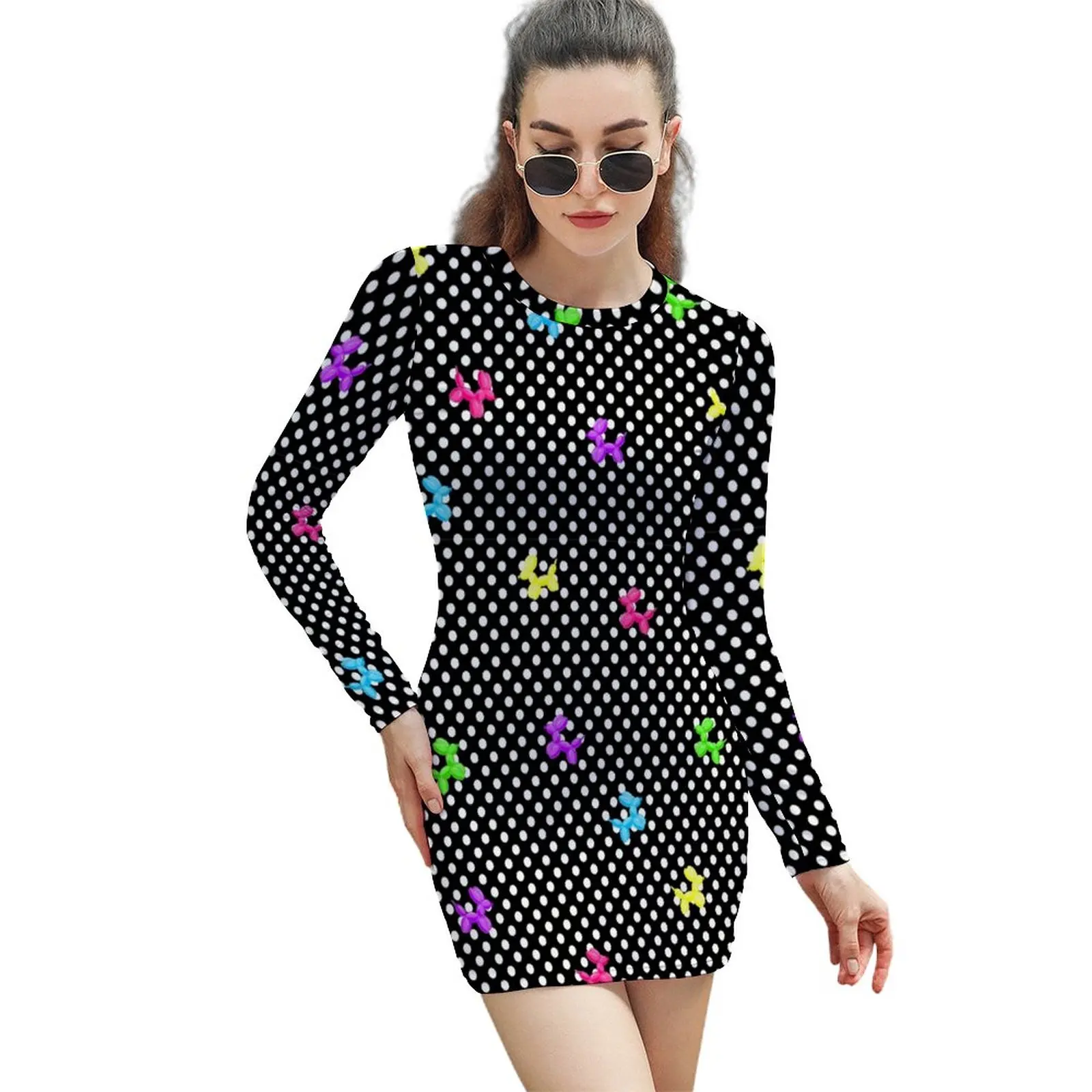 

Dog Balloon Dress Long Sleeve Polka Dot Print Korean Fashion Dresses Autumn Night Club Bodycon Dress Women Oversized Vestido