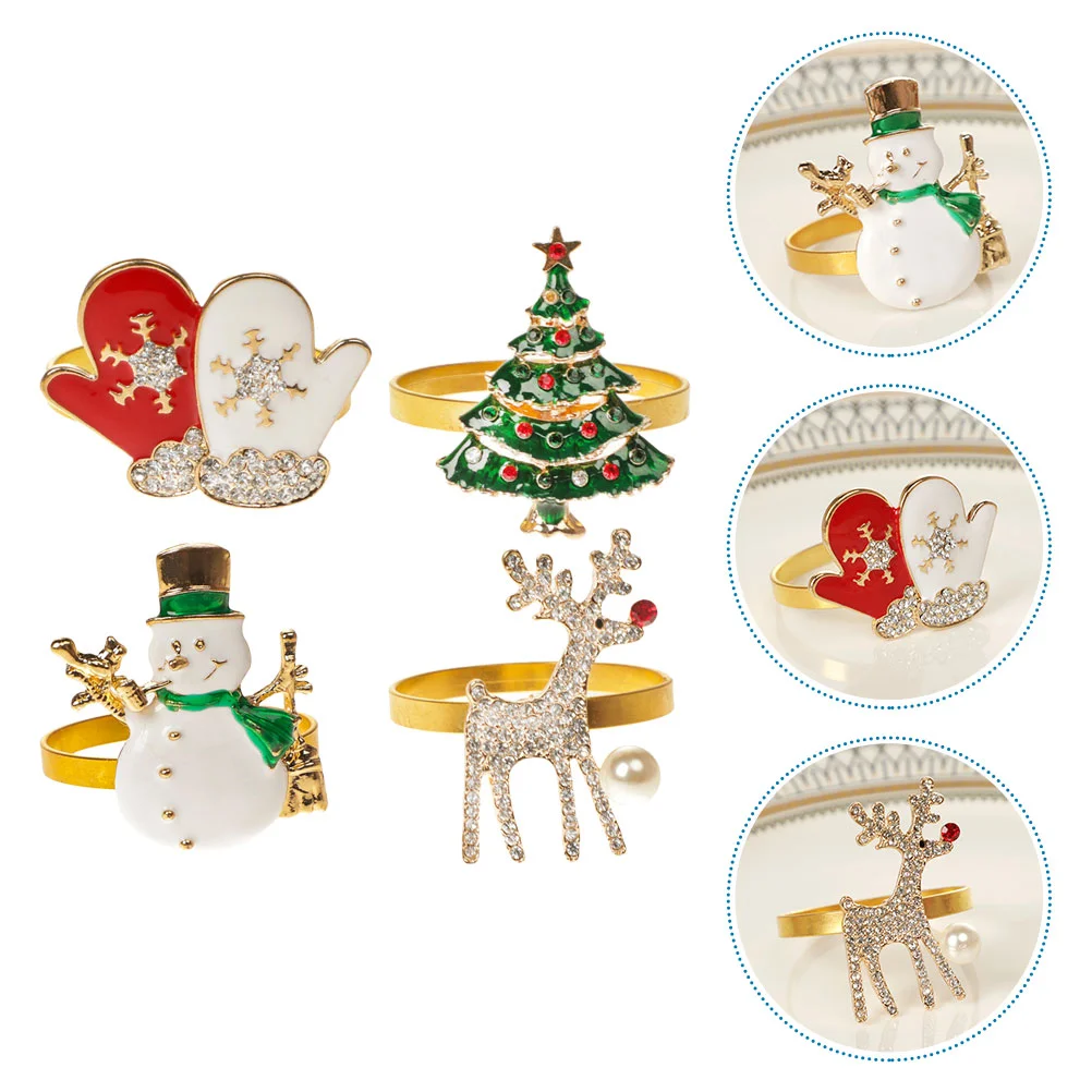 

4Pcs Christmas Napkin Ring Holders Snowman Reindeer Tree Napkin Rings Napkin Buckle Holiday for Xmas Party Table Decoration
