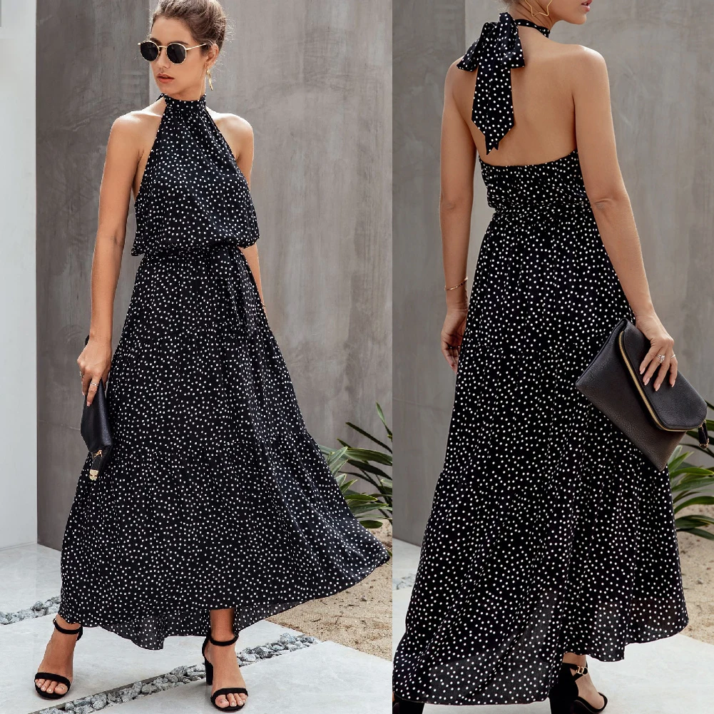 

Summer Halter Sleeveless Long Dress Women Elegant Sexy Backless Lady Party Dress Casual Ruffle Polka Dot Beach Maxi Dresses 2022