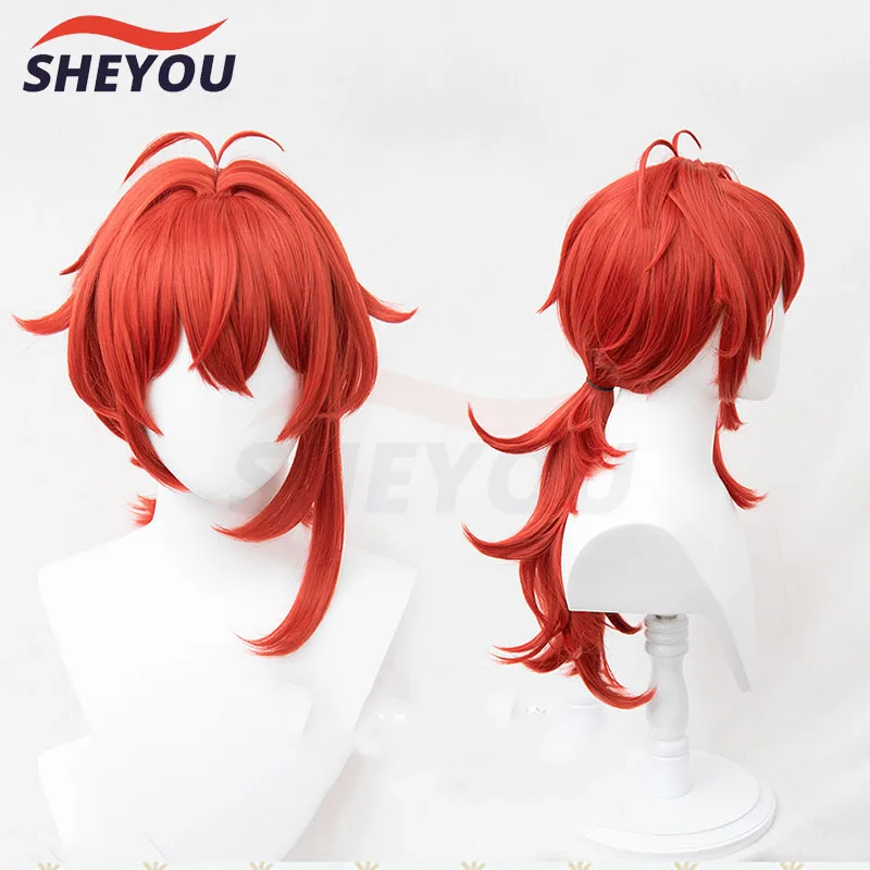 

Genshin Impact Diluc Cosplay 65cm Long Red Wig Cosplay Anime Cosplay Wigs Heat Resistant Synthetic Wigs + Wig Cap