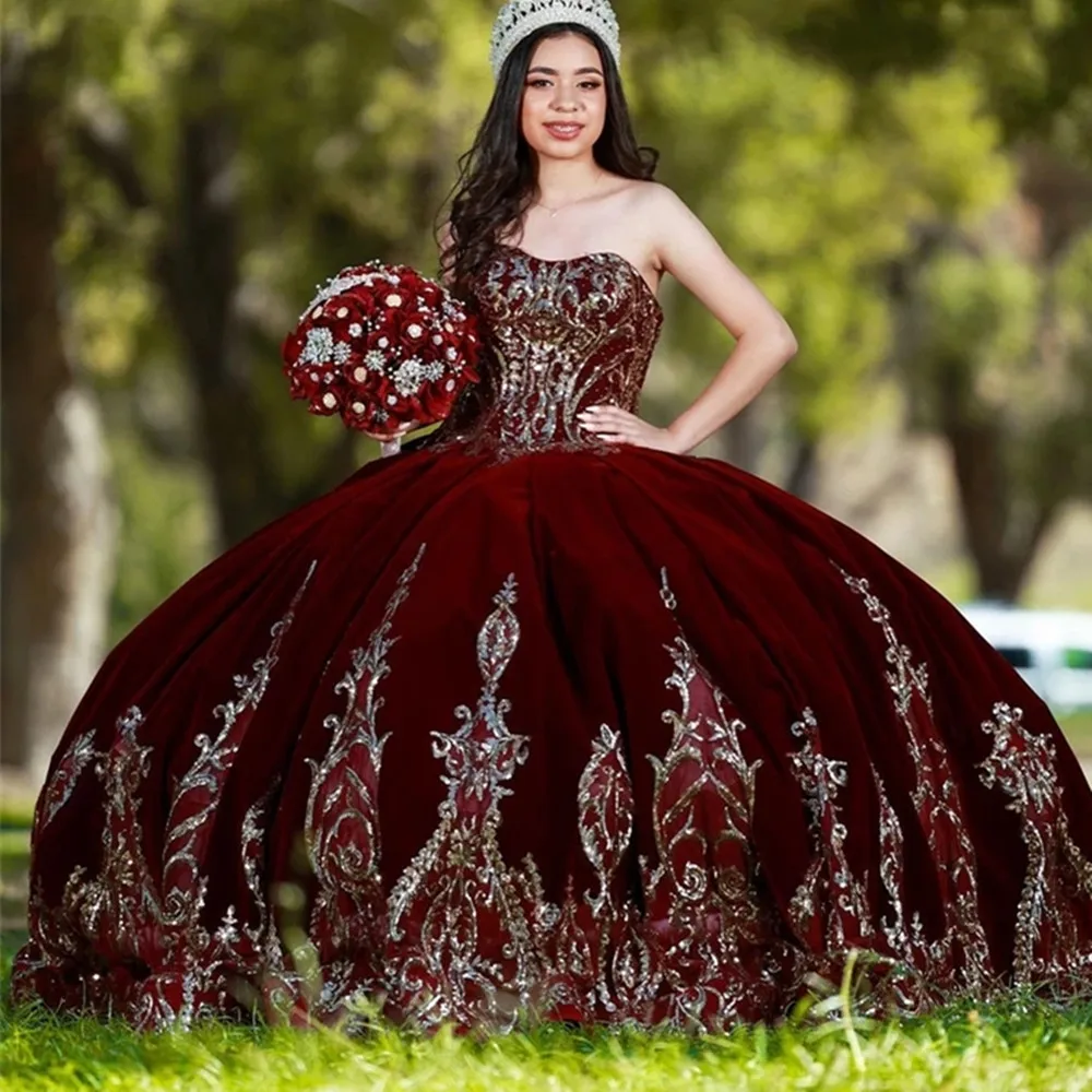 

Mexican Girls Burgundy Quinceanera Dresses Removable Sleeves Lace Applique Sweet 16 Pageant Gowns Velvet Vestidos de XV años