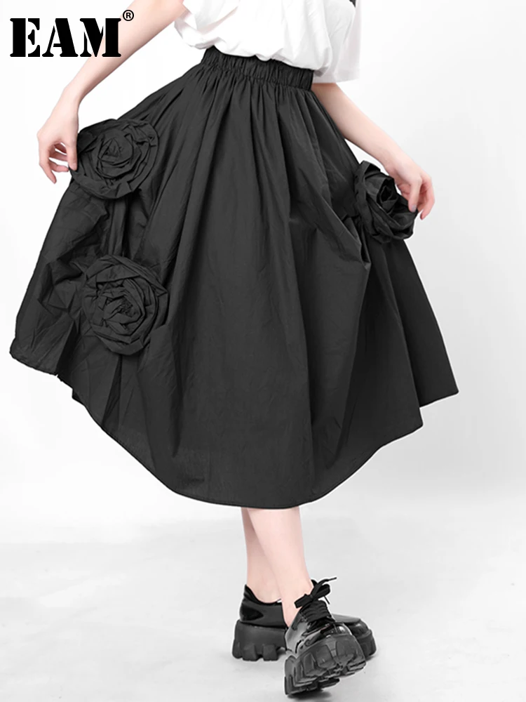 

[EAM] High Elastic Waist Appliques Ruffles Black Loose Striped Half-body Skirt Women Fashion New Spring Autumn 2022 1DD716401