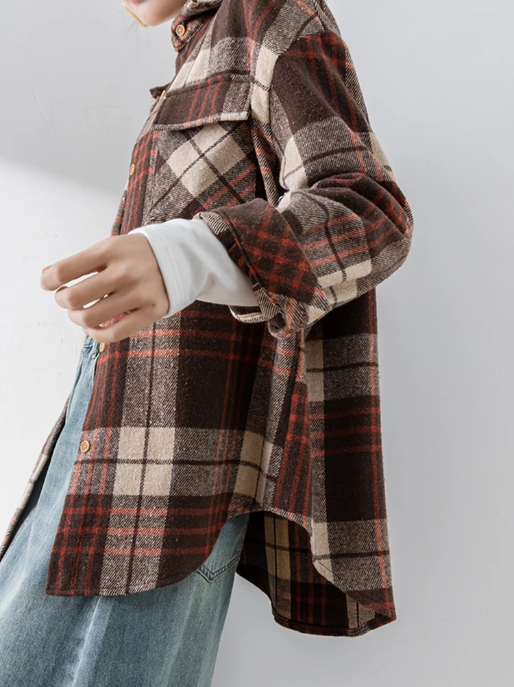 Клетчатая блузка в корейском стиле женская одежда винтажные блузки с карманами и