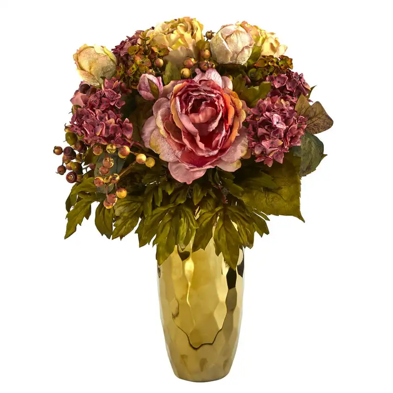 

19in. Peony Artificial Arrangement in Gold Vase
