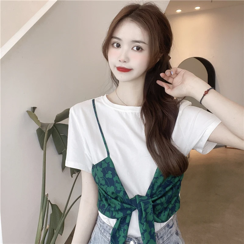 

3 Sizes M-xl Simple Casual Short Sleeve Partckwork Green Butterfly Bow Simple O-neck 2021 Summer Women Top T-shirts
