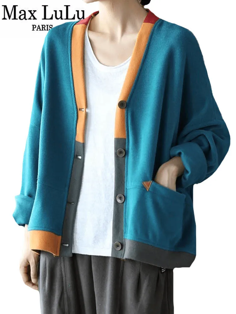 

Max LuLu Women V-Neck Design Loose Casual Street Coat 2022 Spring British Style Female Patchwork Vintage Jackets Elegant Clothes