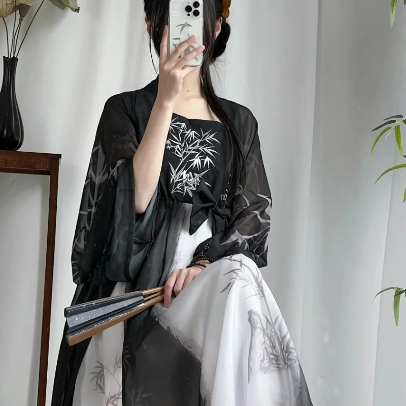 

2023 Summer Elegant Black Bamboo Printed Lace Hanfu Dress Suit Traditional Chinese Women Song Dynasty Princess Cosplay Costume