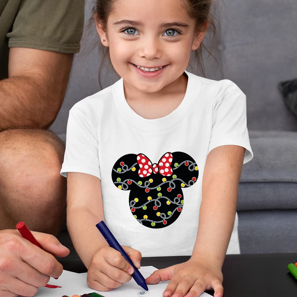 Christmas Series Disney Kid T-Shirt White Minnie Print Graphci 3-12Years Brother Sister Costume Short Sleeve Comfy Child T Shirt