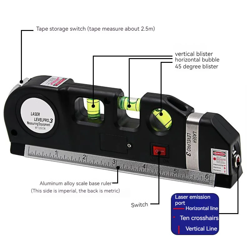 

250/300cm 4 In1 Laser Level Tape Measure High Power Green Red Cross Line Lasers Level Aligner for Construction Measure Tools