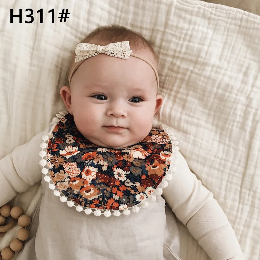 

2022 Kids Bib Headband Set Baby Flower Print Strappy Burp Cloth+ Bowknot Hairband for Boys Girls Kids Accessories 25Colors
