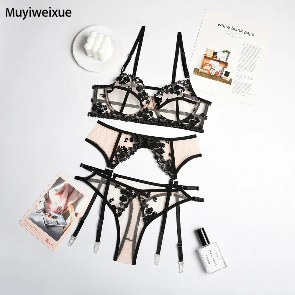 

Muyiweixue Sexy Lingerie Set Women 3-piece Embroidery Transparent Lace Bra and Panties Women Exotic Costumes Underwear Set