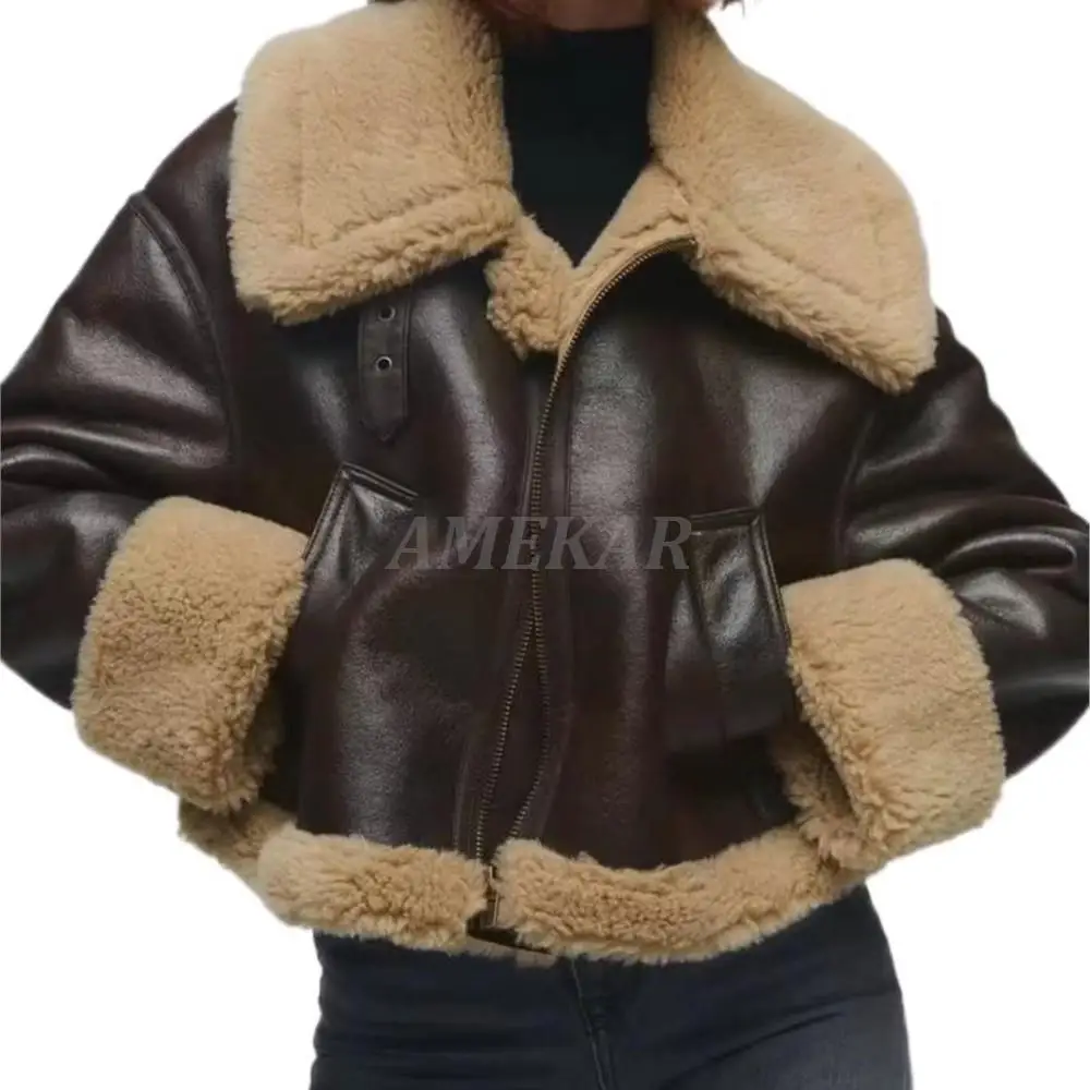 2022 Winter Woman Thick Warm Brown Faux Fur Leather Jacket Coat Female Casual Zipper Pockets Fashion Outwear Tops locomotive