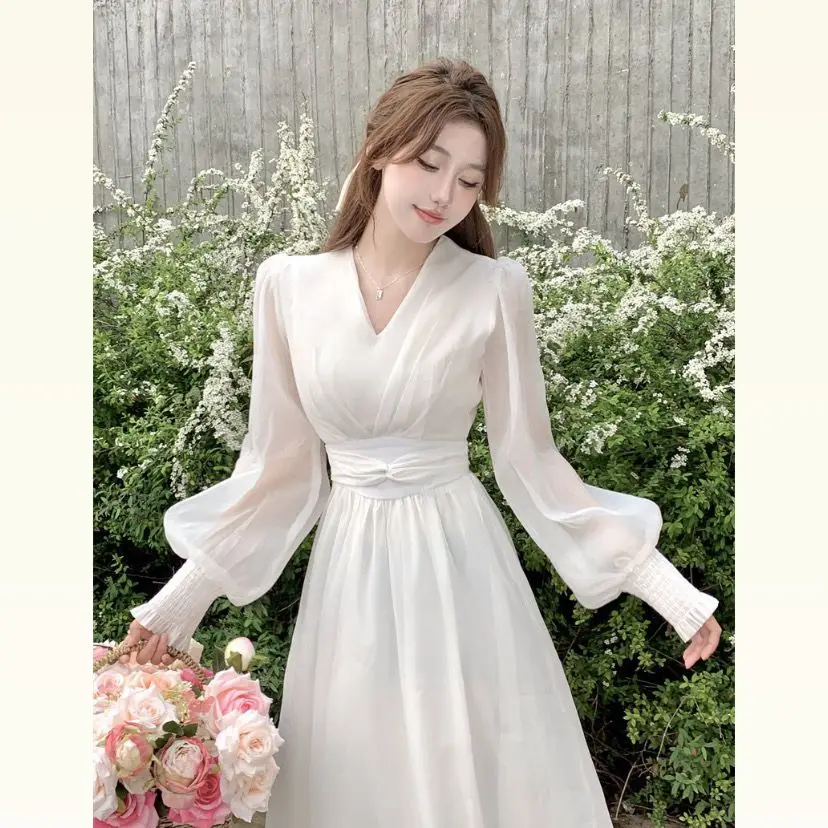 

Женское платье с V-образным вырезом, элегантное и красивое ТРАПЕЦИЕВИДНОЕ ПЛАТЬЕ с завязкой на талии, Новинка лета 2023, белое платье с длинным...