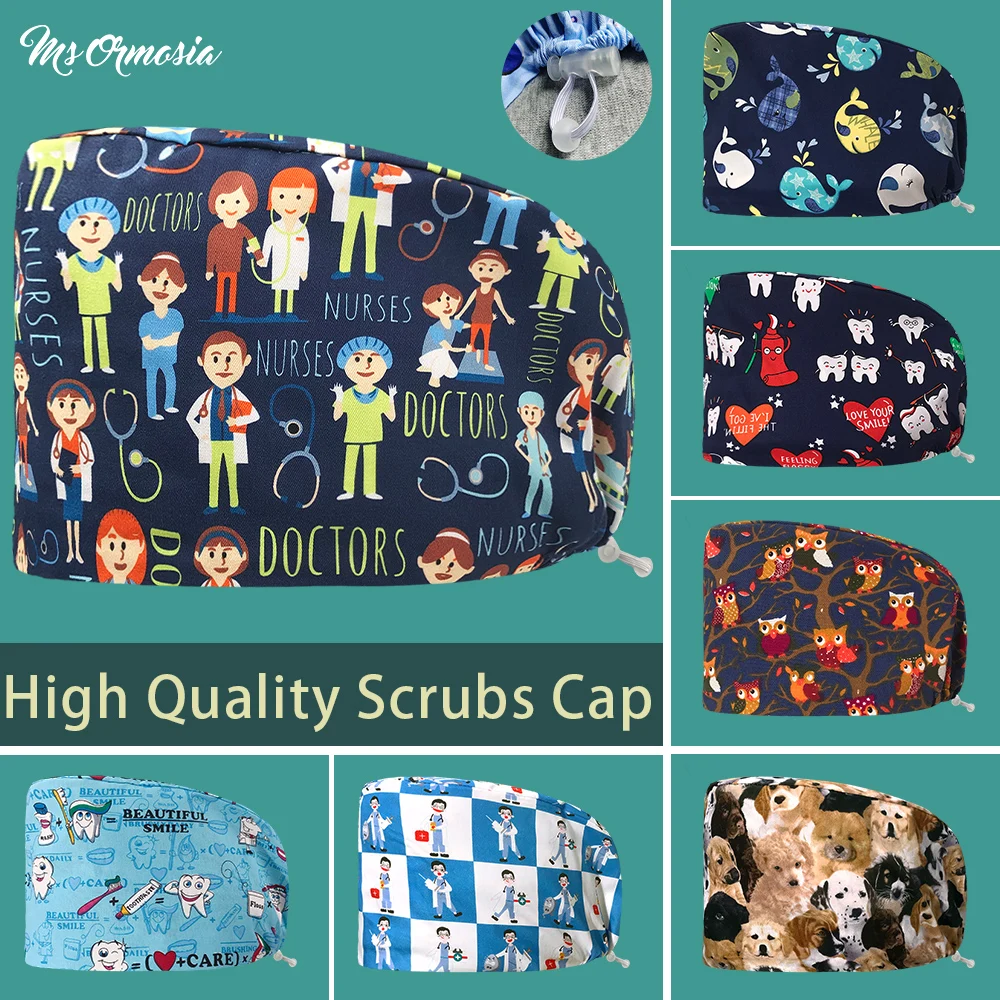 

100% Cotton Heart Cartoon Print Nurse Cap Medical Nursing Hat Women Nurse Hat Adjustable Beautician Scrub Hat Pet Lab Scrubs Cap