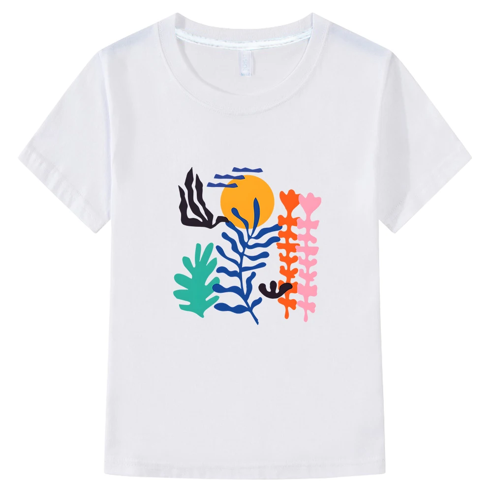 

Hhenri Mmatisse Leaf and Sun Tshirts 100% Cotton Summer Boys/Girls Tee-shirt Kawaii Cartoon Graphic Printed T-shirts Comfortable