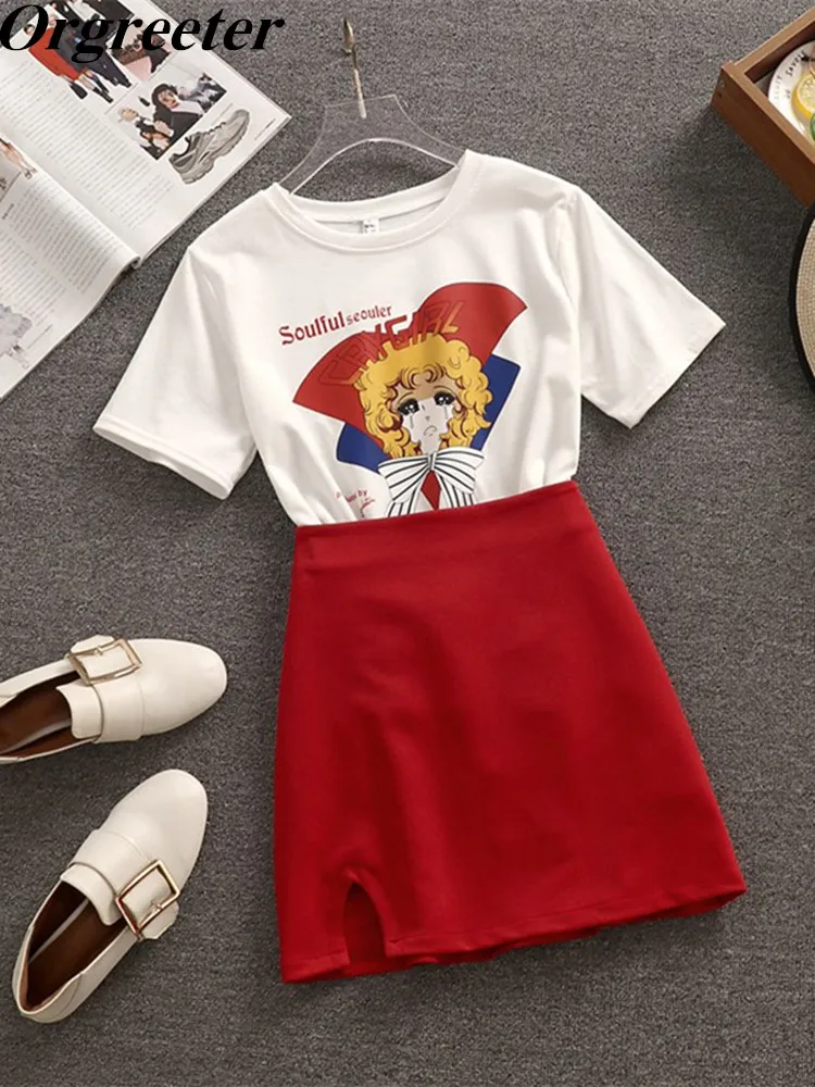 

Summer New Print Cartoon Girl Cotton Tshirt + High Waist Split Pencil Skirt Two Piece Set Women Korean Fashion Casual 2pcs Sets