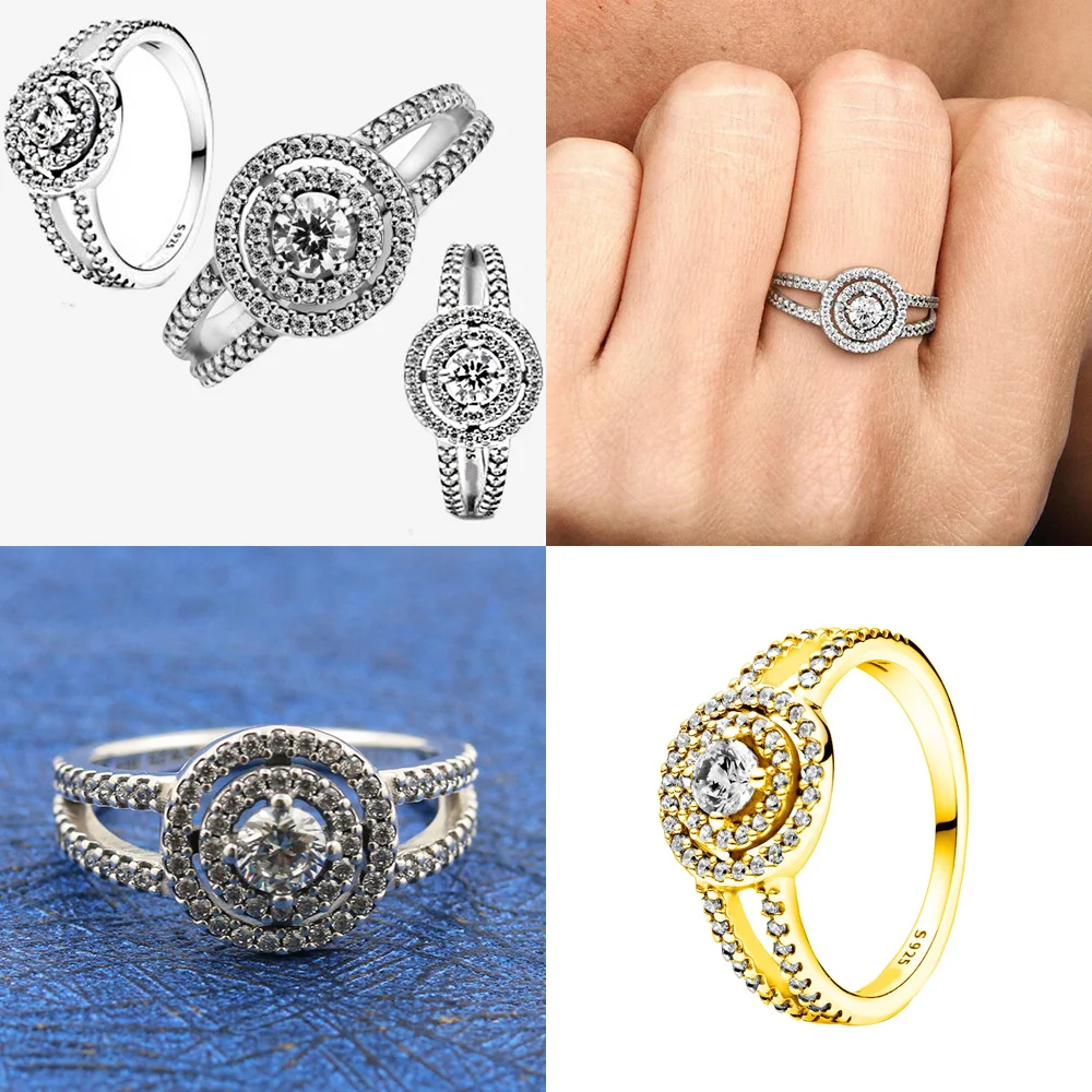 

Comfortable to Wear 925 Solid Silver Classic Sparkling Double Halo Finger Ring Original Women Jewelry Gift For Daily Life Scenes