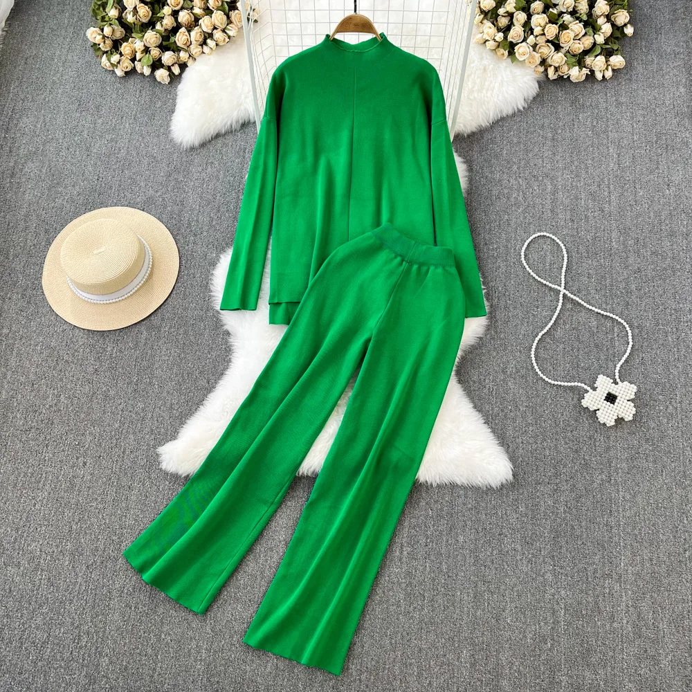 

Knit Two Piece Sets Women Long Sleeve O Neck Loose Top Elastic Waist Straight Pants Autumn Casual Chic Suit
